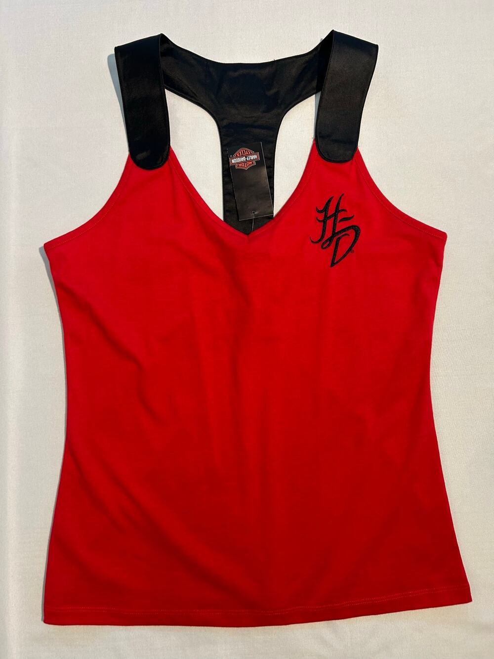 Harley Davidson Deep V-Neck Satin Racerback Tank Top Red & Black Large NWT